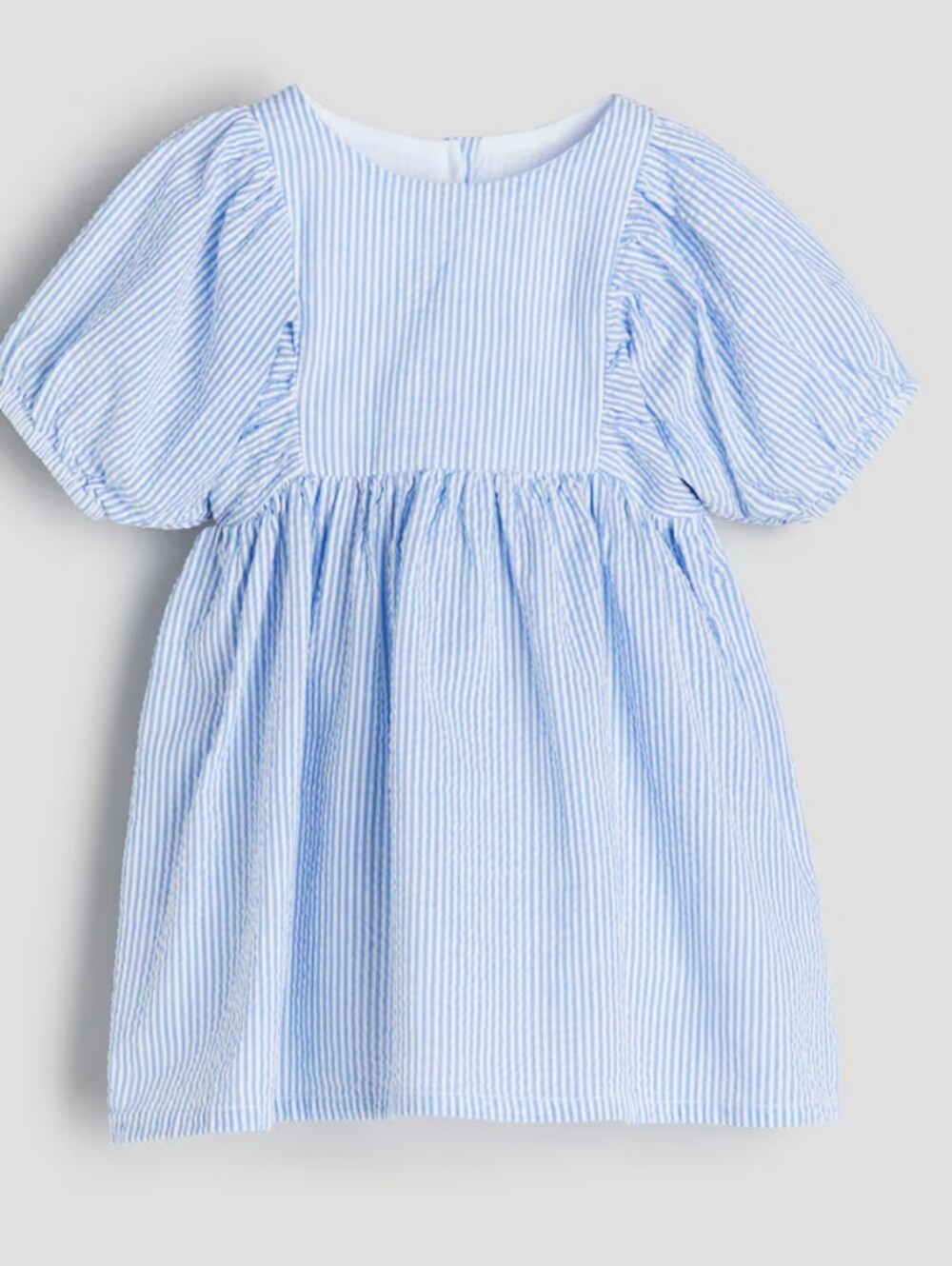H&M Light Blue and White Striped Puff-Sleeve Dress